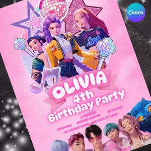 Puede incluir: Invitaci&oacute;n rosa para una fiesta de cumplea&ntilde;os con personajes animados. La invitaci&oacute;n dice "OLIVIA 4th Birthday Party" con detalles del evento. Los elementos decorativos incluyen una bola de discoteca, estrellas y notas musicales. El logotipo de Canva es visible.