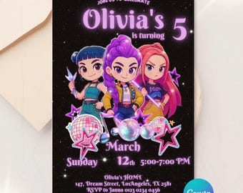 K-pop Birthday Invitation | K-pop Birthday Invitation Template Demon Hunters Canva Editable Template K-pop Anime Style Invitation