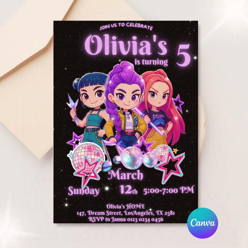 May include: A birthday party invitation with a black background and a starry design. The invitation features three cartoon characters and the text "Olivia's 5 is turning". The date and time are also included.