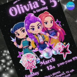 May include: A birthday party invitation featuring three cartoon girls with purple, pink, and blue hair. The invitation includes the text "Olivia's 5" and event details: Sunday, March 12th, 5:00-7:00 PM.