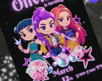 Invitación de cumpleaños de K-pop / Plantilla de invitación de cumpleaños de K-pop Cazadores de demonios Plantilla editable de Canva Invitación estilo anime K-pop