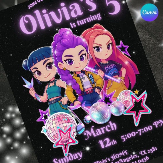 K-pop Birthday Invitation | K-pop Birthday Invitation Template Demon Hunters Canva Editable Template K-pop Anime Style Invitation