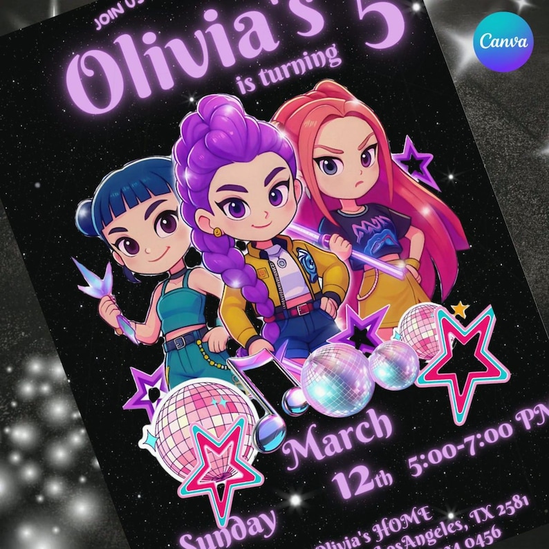 May include: A birthday party invitation featuring three cartoon girls with purple, pink, and blue hair. The invitation includes the text "Olivia's 5" and event details: Sunday, March 12th, 5:00-7:00 PM.
