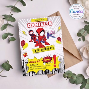 Bewerkbare aquarel uitnodiging voor verjaardagsfeestje Spidey en zijn geweldige vrienden | Sjabloon superheld afdrukbaar | Uitnodiging voor kinderen | Direct downloaden