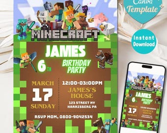 Minecrafter Birthday Party Invitation | Editable Canva Template | Printable Gaming Party Invite | Boy Minecrafter | Instant Download