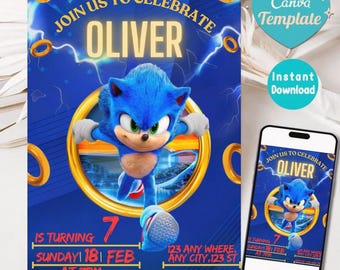 Sonic Geburtstagseinladung für Kinderparty, Sonic The Hedgehog Boys Party einladen, bearbeitbarer Sonic 3 Mädchengeburtstag, Sofort-Download einladen