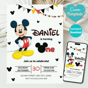 Editable Mickey Mouse Birthday Invitation, Printable Invitation Mickey, 1st birthday Micky Invite, Birthday Boy Invitation 1st, Mickey Mouse