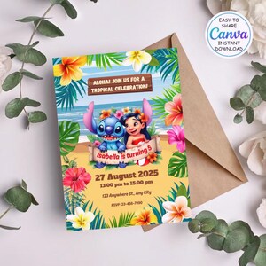 Lilo and Stitch Birthday Invitation | Editable Hawaiian Party Invite | Beautiful Invitation for Your Little One&#39;s Birthday | lilo and stitch