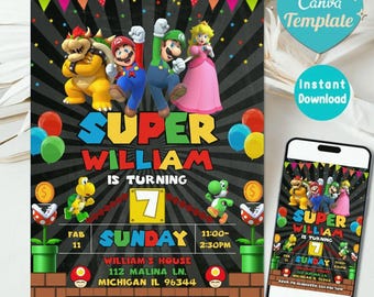 Plantilla editable para invitación de cumpleaños de Super Mario (descarga digital, archivo PDF/JPEG de 5x7 pulgadas para Canva)