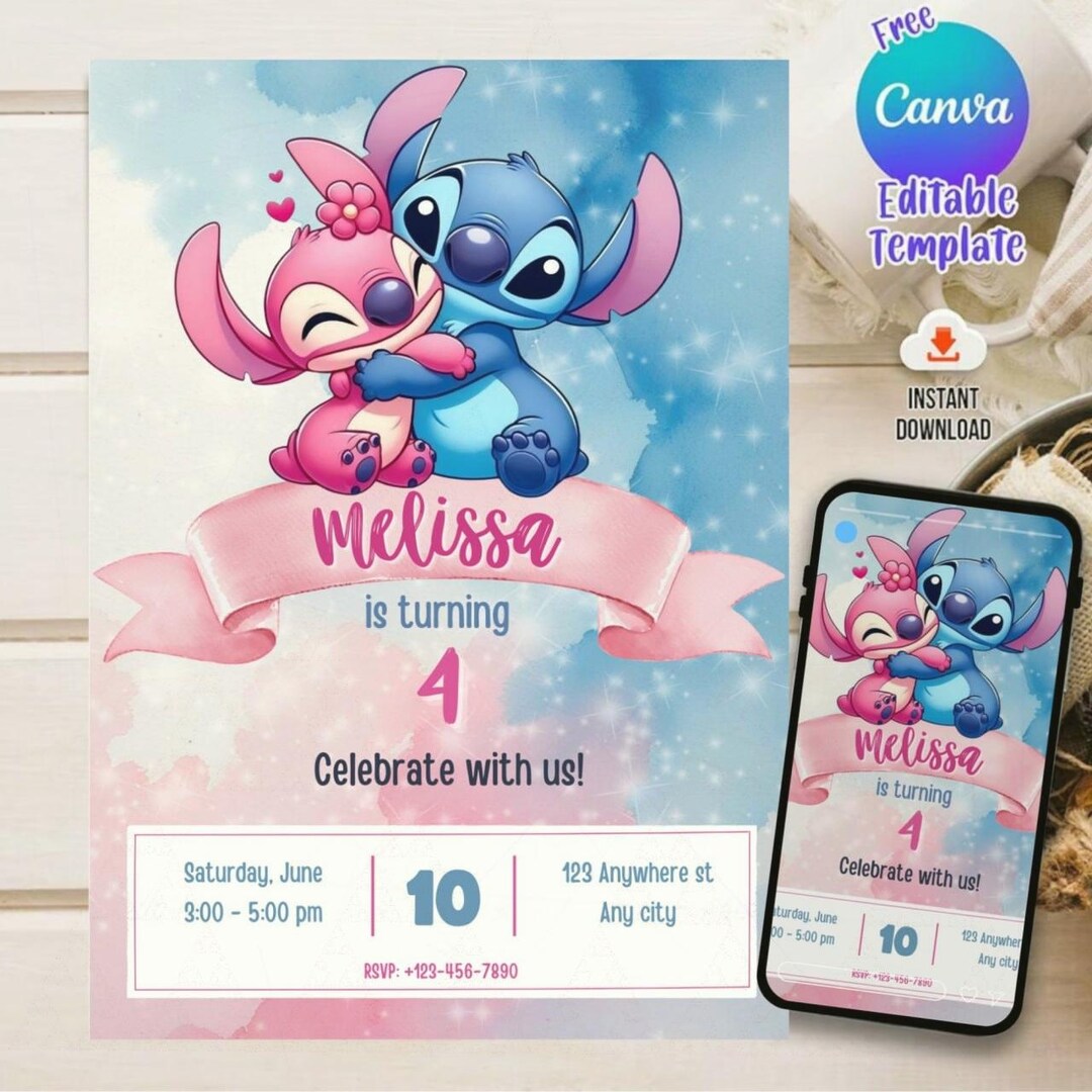 Stitch and Angel Birthday Invitation, Editable Stitch Birthday ...