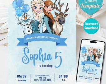 Frost födelsedagsinbjudan | Redigerbar Frost-fest Elsa-inbjudan | Utskrivbar vintersnö-födelsedag | Redigerbar Canva-mall för direktnedladdning
