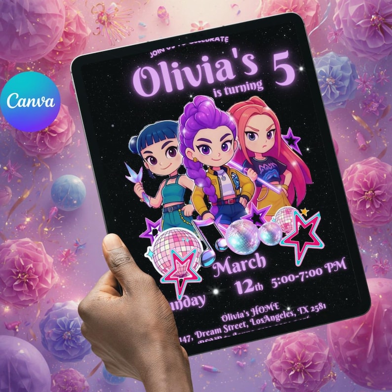 May include: A black invitation card for Olivia's 5th birthday party, held on March 12th from 5:00-7:00 PM. The card features cartoon illustrations of three girls and disco ball graphics. The text includes the address in Los Angeles, TX.