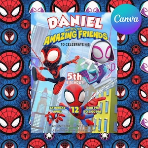 Może przedstawiać: Zaproszenie urodzinowe z postaciami Spider-Mana. Zaproszenie brzmi "DANIEL ZAPRASZA SWOICH AMAZING FRIENDS NA OBCHODY SWOICH 5. URODZIN!" z datą, godziną i danymi adresowymi. Tło to niebieski wzór z logo Spider-Mana.
