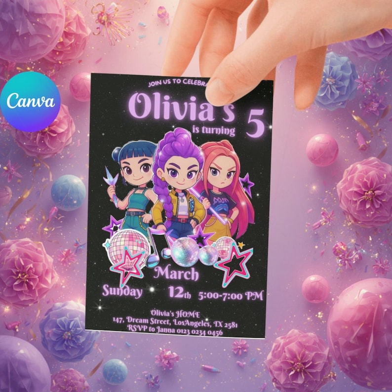 May include: A black invitation card with the text "Olivia's 5 is turning" and event details. The card features cartoon illustrations of three girls and decorative elements. The background is a soft purple with floral and orb accents.