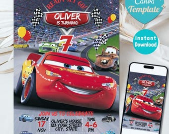 Cars Birthday Party Invitation, Lightning Mcqueen Birthday, Cars Party Invite, Second Birthday Party Invitation, Two Fast, 2, Canva Editable