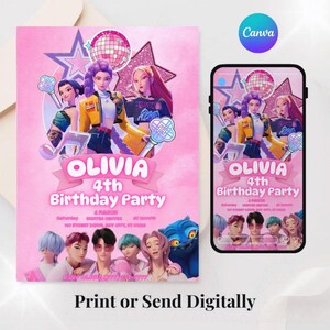 Puede incluir: Invitaci&oacute;n rosa para una fiesta de cumplea&ntilde;os con el nombre "Olivia" y el texto "4th Birthday Party". La invitaci&oacute;n presenta ilustraciones de dibujos animados de personas y un gato azul. La invitaci&oacute;n tambi&eacute;n se muestra en un tel&eacute;fono inteligente.