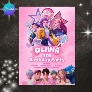 Puede incluir: Invitaci&oacute;n rosa para fiesta de cumplea&ntilde;os con personajes animados y el texto "OLIVIA 4th Birthday Party". El dise&ntilde;o incluye estrellas, una bola de discoteca y notas musicales. La invitaci&oacute;n tambi&eacute;n incluye la fecha, hora y lugar.