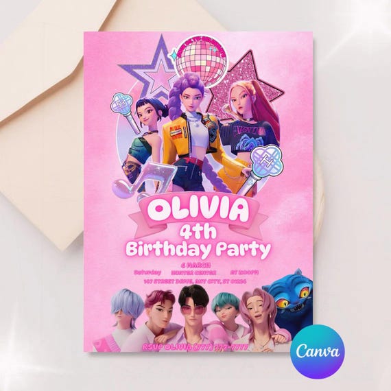 K-pop Birthday Invitation | K-pop Birthday Invitation Template Demon Hunters Canva Editable Template K-pop Anime Style Invitation