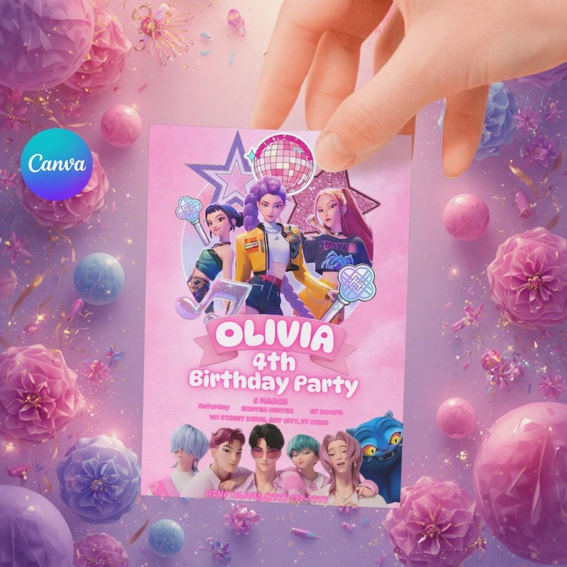 Puede incluir: Una invitaci&oacute;n rosa para una fiesta de cumplea&ntilde;os con el nombre "Olivia" y el texto "4th Birthday Party". La invitaci&oacute;n presenta personajes de dibujos animados y elementos decorativos como estrellas, bolas de discoteca y notas musicales. El logotipo de Canva es visible.