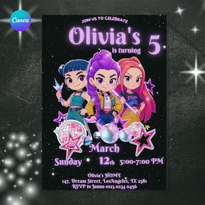 May include: A black invitation for Olivia's 5th birthday party. The invitation features three cartoon girls with colorful hair, disco balls, and stars. The text includes "Olivia's" and the date, March 12th, 5:00-7:00 PM.