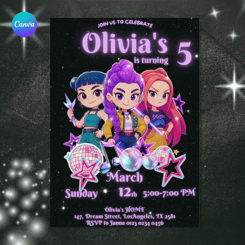 May include: A black invitation for Olivia's 5th birthday party. The invitation features three cartoon girls with colorful hair, disco balls, and stars. The text includes "Olivia's" and the date, March 12th, 5:00-7:00 PM.