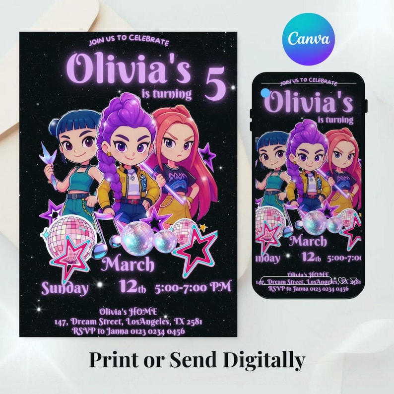 May include: Black invitation card with the text "Olivia's 5 is turning" and cartoon characters. The invitation includes the date, time, and location of the event. The text "Print or Send Digitally" is at the bottom.