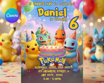 Pokémon verjaardagskaart | Bewerkbare Canva-sjabloon | Printbare uitnodiging voor een Pikachu-feestje | Jongen, meisje | Direct digitaal te downloaden