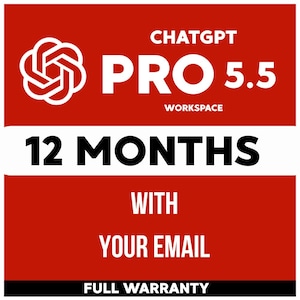 May include: A red and white graphic with the text "ChatGPT PRO 5.5 WORKSPACE" and a white logo. Below, the text reads "12 MONTHS WITH YOUR EMAIL FULL WARRANTY".