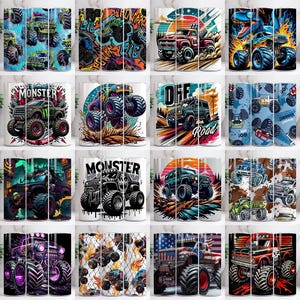 May include: A collection of twelve 20 oz. stainless steel tumblers featuring vibrant monster truck designs. Each tumbler showcases a unique graphic, including monster trucks with flames, dinosaurs, and patriotic themes. The designs are printed on a white background.