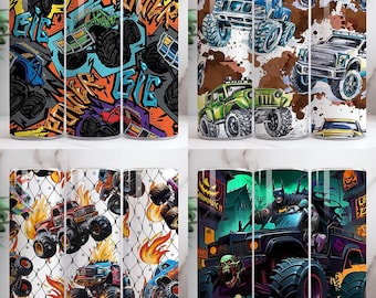 May include: Four stainless steel tumblers, each 590 ml, with monster truck designs. One has graffiti, another mud splatters, a third with flames, and the last with Batman. Each tumbler has a different background.