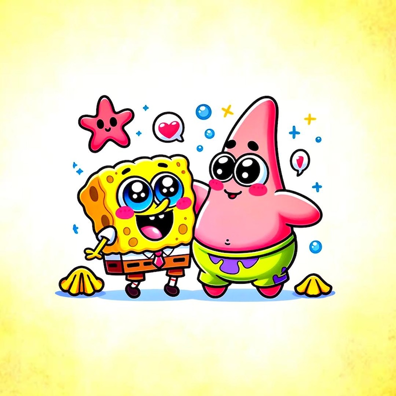 May include: A cartoon illustration of SpongeBob SquarePants and Patrick Star. SpongeBob is yellow with a white shirt, brown trousers, and a red tie. Patrick is pink with green shorts. The image includes hearts, stars, and bubbles.