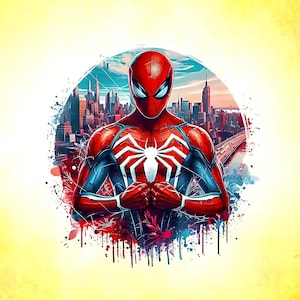 May include: A digital illustration of Spider-Man in a red and blue suit, with a white spider emblem. The background shows a cityscape with a bridge, and a colourful splatter effect.