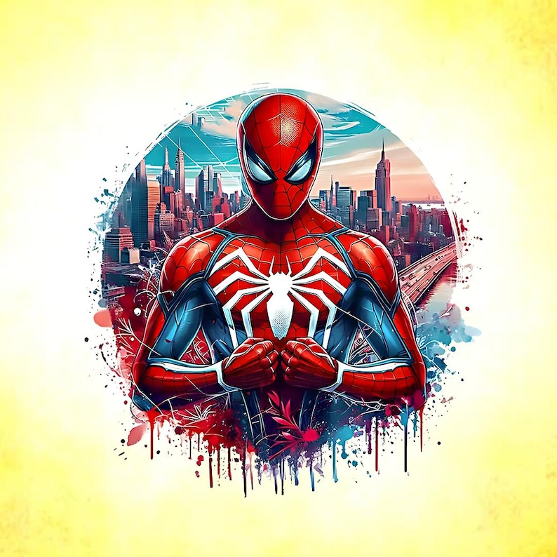 May include: A digital illustration of Spider-Man in a red and blue suit, with a white spider emblem. The background shows a cityscape with a bridge, and a colourful splatter effect.