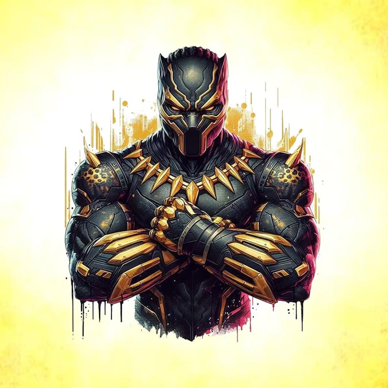 May include: Digital artwork of a superhero in a black and gold suit, with a mask and crossed arms. The character has gold accents on the armor, collar, and mask. The background is a gradient of yellow and white with paint splatter effects.