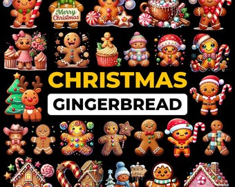 May include: A collection of colorful Christmas gingerbread characters and houses on a black background. The image includes gingerbread men, women, and houses with candy canes, hats, and other festive decorations. The text "Christmas Gingerbread" is also present.