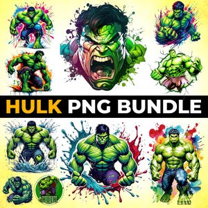 May include: A collection of Hulk-themed PNG graphics. The images feature the Hulk in various poses, with green skin, black hair, and ripped clothing. The text "HULK PNG BUNDLE" is displayed in bold, yellow and white letters.
