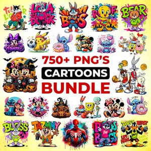 Könnte beinhalten: Ein farbenfrohes Bild mit verschiedenen Cartoon-Charakteren, darunter Bugs Bunny, Mickey und Minnie Mouse und andere. Der Text "750+ PNG'S CARTOONS BUNDLE" ist fett gedruckt und zeigt verschiedene farbenfrohe Designs.