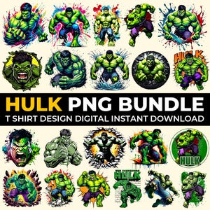 May include: A collection of Hulk PNG designs in various poses and styles. The images feature the Hulk in action, with vibrant green skin, purple pants, and dynamic backgrounds. Text reads "Hulk PNG Bundle" and "T Shirt Design Digital Instant Download."