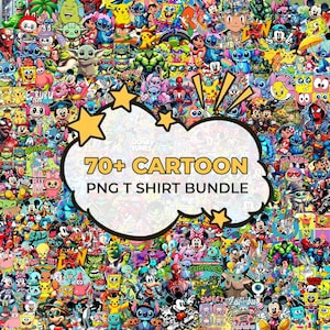 May include: A colourful collage of cartoon characters, including Mickey Mouse, Stitch, and SpongeBob, fills the frame. A cloud-shaped graphic with the text "70+ CARTOON PNG T SHIRT BUNDLE" is centered. The image is a colourful assortment of popular cartoon designs.