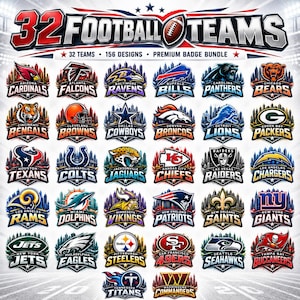 Könnte beinhalten: Ein digitales Grafikpaket mit 32 Logos professioneller Football-Teams, die in einem Raster angeordnet sind. Jedes Logo enthält den Teamnamen und einen stilisierten Hintergrund mit einer Stadtsilhouette. Der Kopftext lautet 32 FOOTBALL TEAMS.