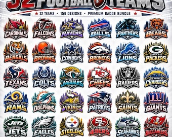 May include: A digital graphic bundle featuring 32 professional football team logos arranged in a grid. Each logo includes the team name and a stylised city skyline background. The header text reads 32 FOOTBALL TEAMS 156 DESIGNS PREMIUM BADGE BUNDLE.