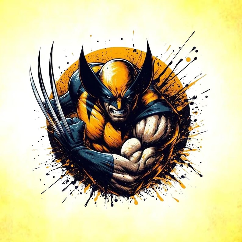 May include: Illustration of Wolverine, a superhero, in a dynamic pose. The character is depicted with a yellow and blue costume, sharp claws extended, and an intense expression. The background features a yellow circle and black paint splatter.