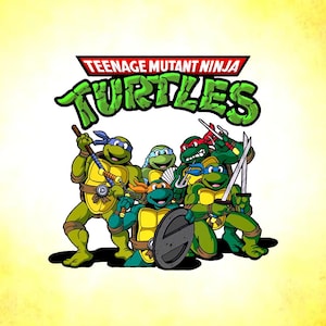 May include: Illustration of the Teenage Mutant Ninja Turtles, a group of cartoon characters. The image shows the words "Teenage Mutant Ninja Turtles" in red and green. The turtles are depicted with weapons and coloured masks.