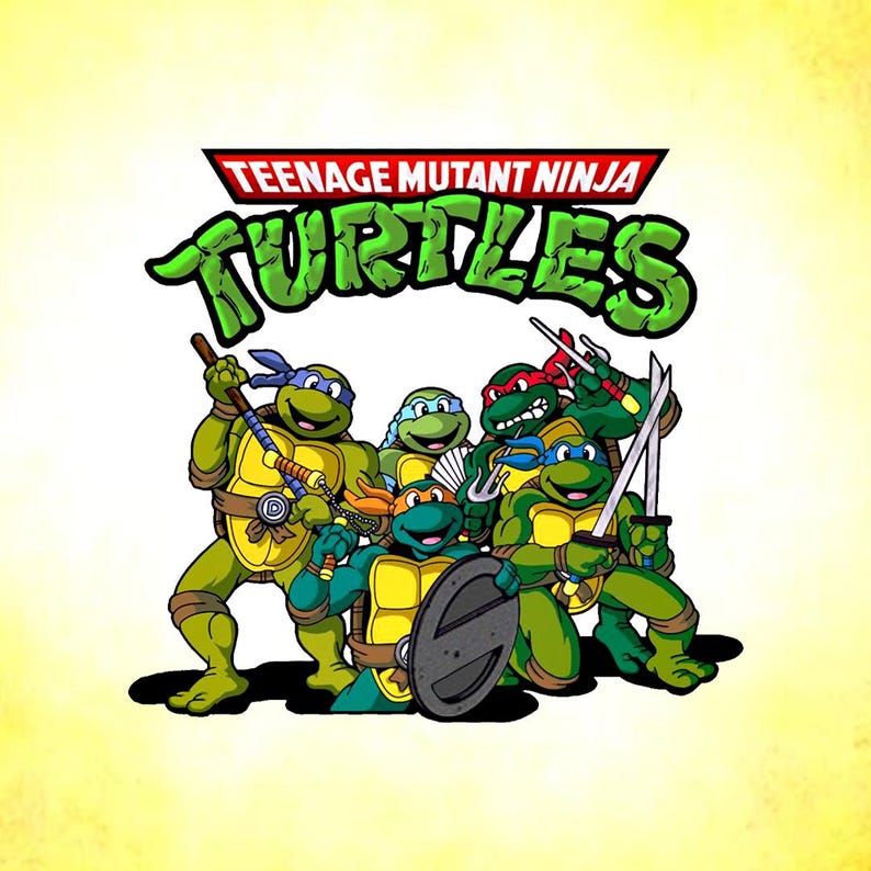 May include: Illustration of the Teenage Mutant Ninja Turtles, a group of cartoon characters. The image shows the words "Teenage Mutant Ninja Turtles" in red and green. The turtles are depicted with weapons and coloured masks.