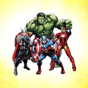 May include: Comic-style illustration featuring the Avengers: Thor, Hulk, Captain America, and Iron Man. The characters are depicted in action poses, set against a yellow gradient background.