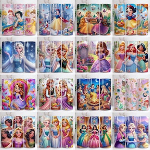 May include: A collection of tumblers featuring various Disney princesses. Each tumbler showcases a different princess in vibrant colors, with detailed illustrations and decorative backgrounds. The tumblers are cylindrical and appear to be made of a durable material.