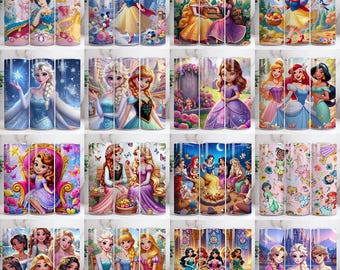 Pacchetto di bicchieri Princess, bicchiere da 20 once PNG, design di bicchieri, modello di design per bicchieri sottili digitali da 20 once, bicchiere floreale con principessa dei cartoni animati
