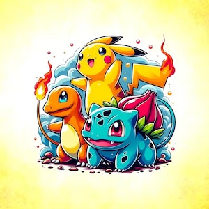 May include: A colourful illustration of three cartoon characters: Pikachu, Charmander, and Bulbasaur. Pikachu is yellow with red cheeks, Charmander is orange with a flame, and Bulbasaur is blue with a plant on its back. They are set against a cloudy background.