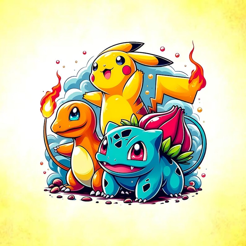 May include: A colourful illustration of three cartoon characters: Pikachu, Charmander, and Bulbasaur. Pikachu is yellow with red cheeks, Charmander is orange with a flame, and Bulbasaur is blue with a plant on its back. They are set against a cloudy background.