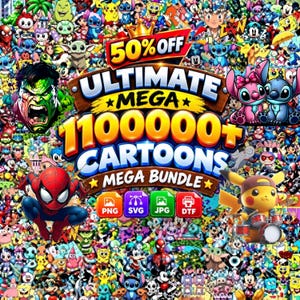 Op de afbeelding: Een digitale afbeelding met een dichte collage van diverse stripfiguren, waaronder Spider-Man, Hulk en Pikachu. De centrale tekst luidt 50% OFF ULTIMATE MEGA 1100000+ CARTOONS MEGA BUNDLE, met iconen voor PNG, SVG, JPG en DTF-bestandsformaten.